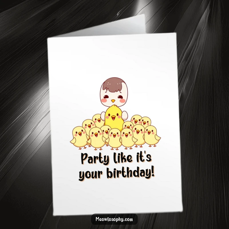 Cute Free Printable Birthday Card: Kawaii character feeding cheerful, plump birds, a heartwarming downloadable gift for birthdays.