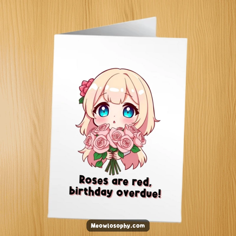Funny Free Printable Birthday Card: Surprised character holding a dazzling bouquet of sparkling roses, ready to celebrate.
