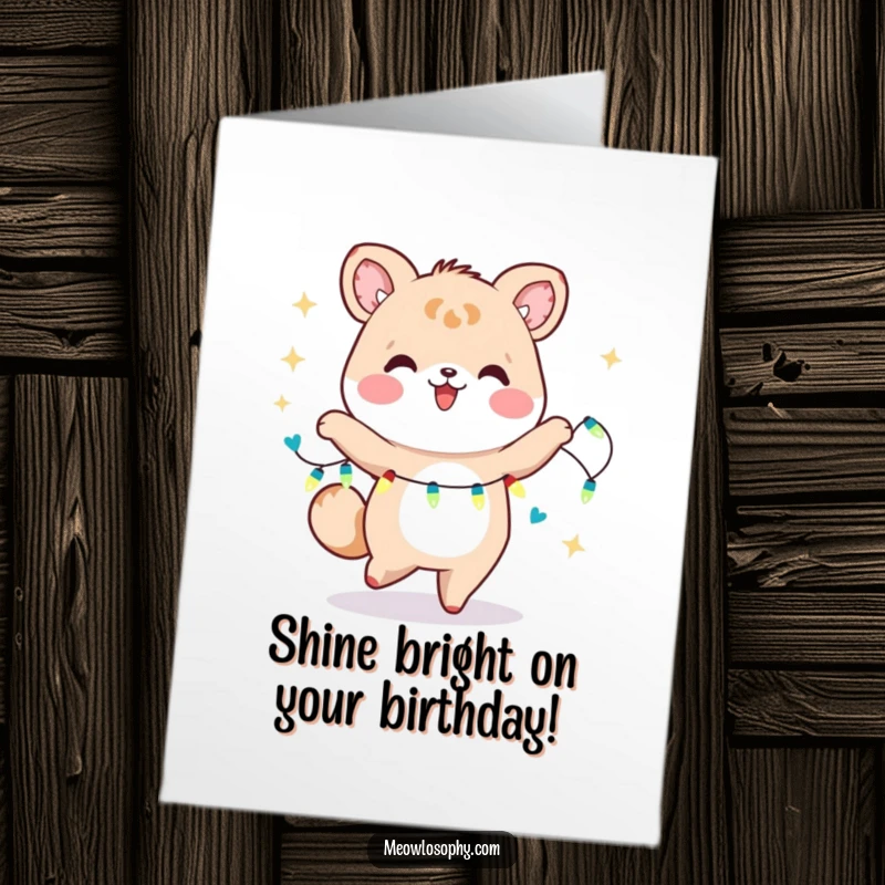 Funny free printable birthday card featuring a kawaii animal dancing joyfully, entwined with a glowing string of fairy lights.