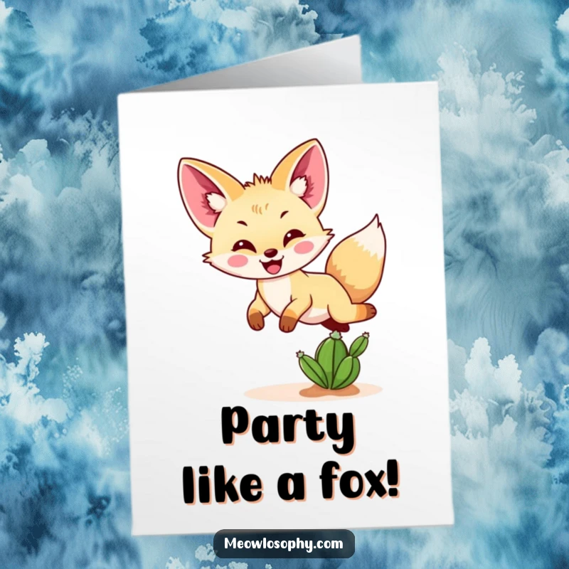 Funny Free Printable Fennec Fox Birthday Card: A joyful fox bounces high over a tiny cactus, ready to celebrate.