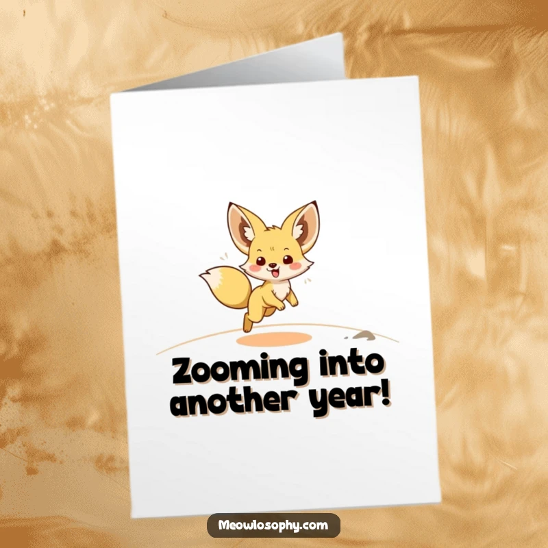 Funny Free Printable Fennec Fox Birthday Card: Energetic fox doing a happy zoomie across sand. Fun downloadable gift.