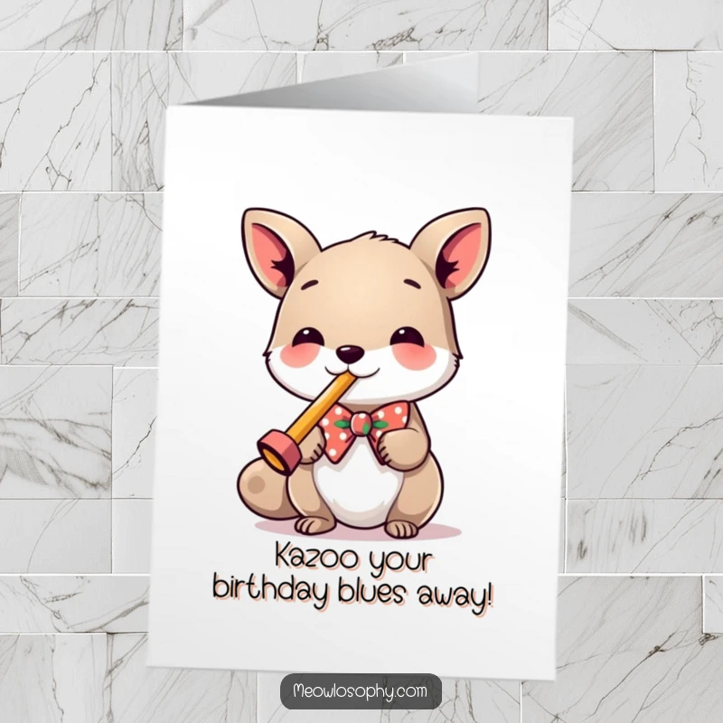 Funny Free Printable Birthday Card: Animal in bowtie enthusiastically playing a tiny kazoo with festive spirit.