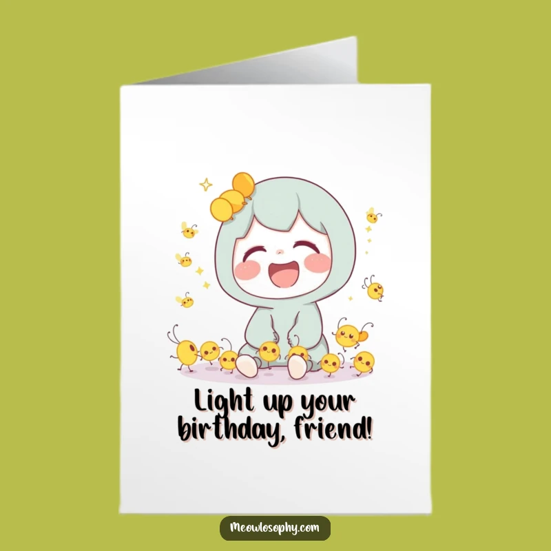 Free Printable Funny Birthday Card: Laughing Character & Fireflies - Downloadable Gift!