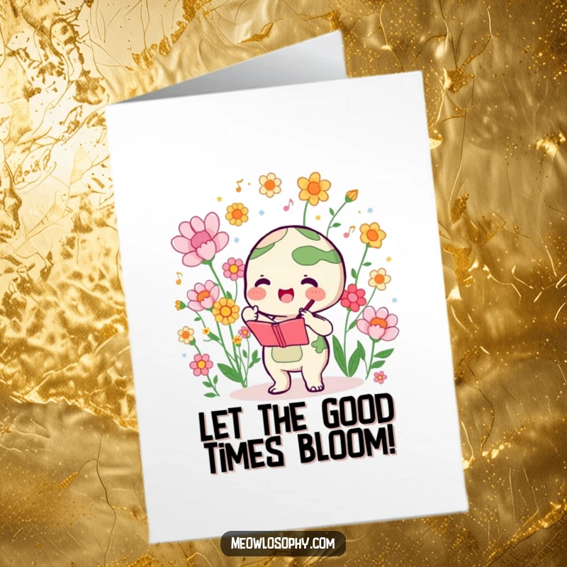 Funny Free Printable Birthday Card: Cute Earth character enthusiastically conducting a symphony of colorful blooming flowers.