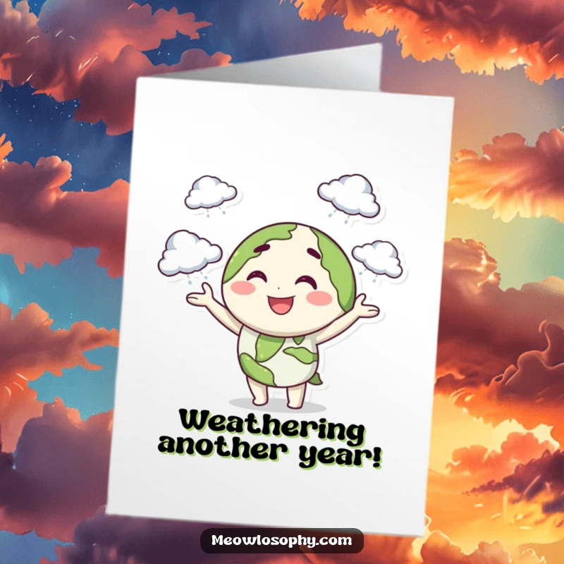 Funny Free Printable Birthday Card: Smiling Earth character playfully winking while juggling small, fluffy storm clouds.