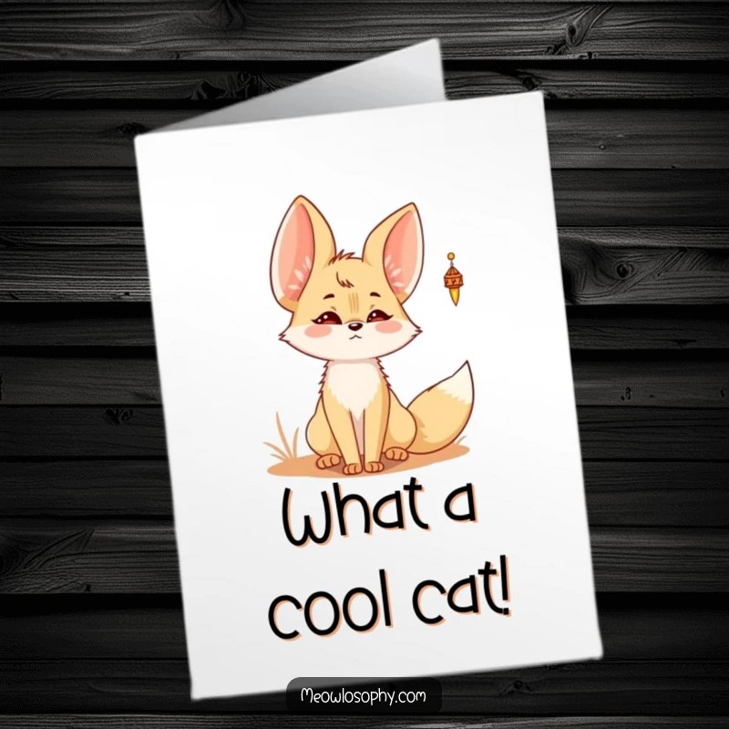 Funny Free Printable Kawaii Fennec Fox Birthday Card: A cute fox with twitching ears listens intently to a desert wind chime.