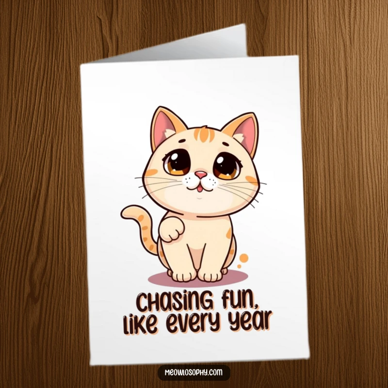 Funny Free Printable Laser Cat Birthday Card: A curious cat chases a laser dot in circles, celebrating a fun birthday.
