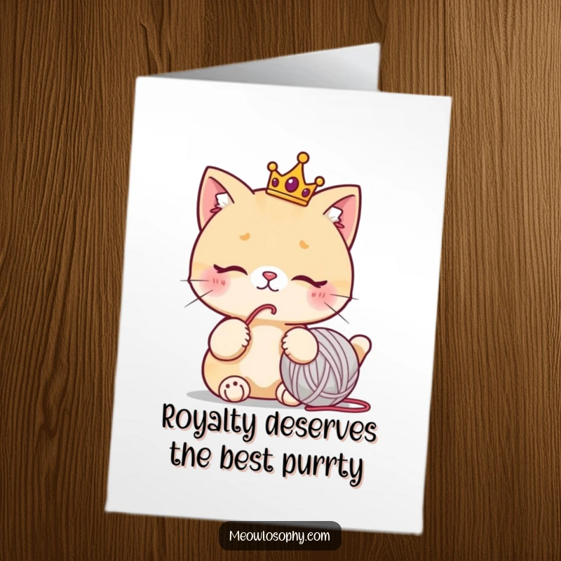 Funny Free Printable Royal Cat Birthday Card: A crowned cat ponders its yarn ball, perfect for a regal DIY greeting.
