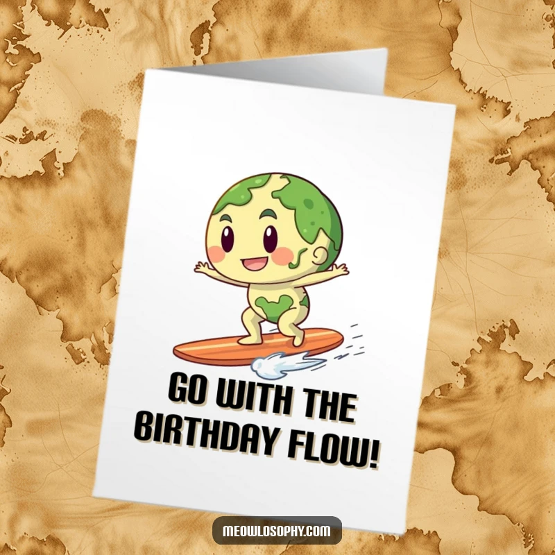Funny Free Printable Birthday Card: Anthropomorphic Earth character playfully surfing on a gentle breeze like a surfboard.