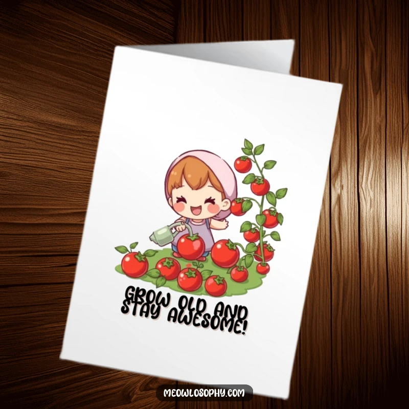 Funny Free Printable Birthday Card: Joyful character watering plump, red tomatoes, a fresh downloadable gift for birthdays.