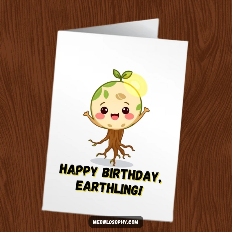 Funny Free Printable Birthday Card: A happy Earth character with visible roots wiggling joyfully in a sunbeam. Instant downloadable cheer.