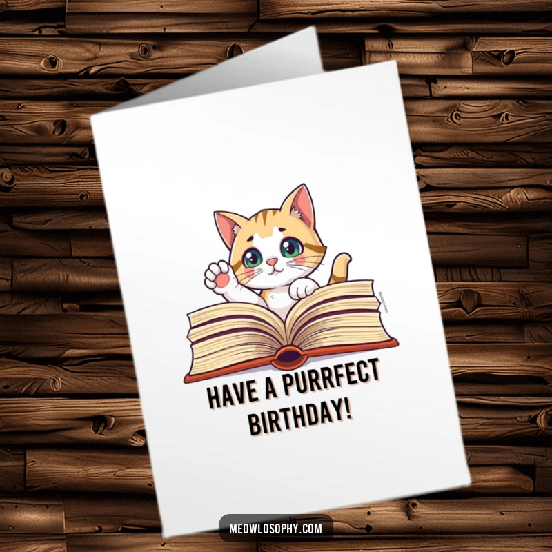 Funny Free Printable Birthday Card: Curious cat peers through a giant book, paw raised in thoughtful birthday contemplation.