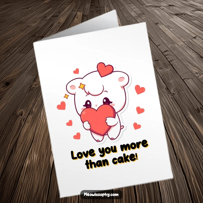 Funny Free Printable Birthday Card: a cute character with wide, starry eyes holding a giant red heart, full of adoration.