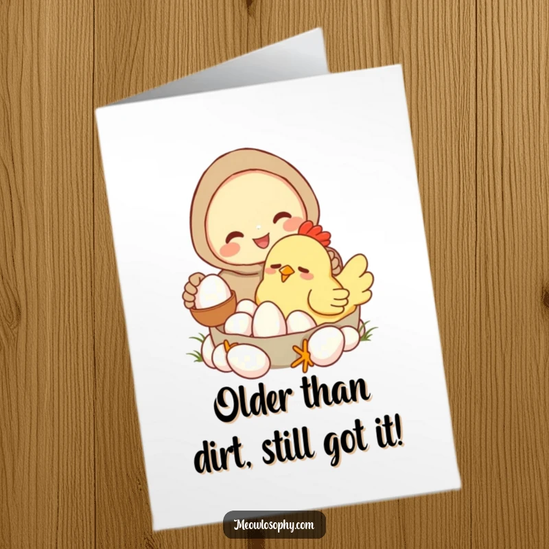 Funny Free Printable Birthday Card: Character collecting eggs from a grumpy, sleepy chicken, great for a humorous downloadable gift.