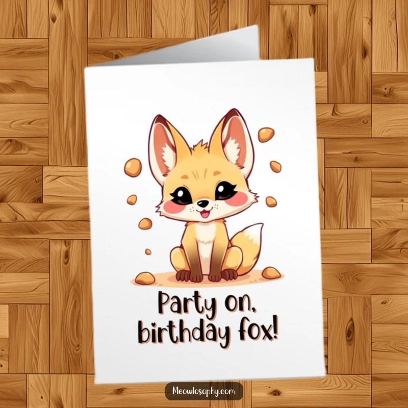 Funny Free Printable Birthday Card: Mischievous Fennec fox grinning while juggling desert pebbles.
