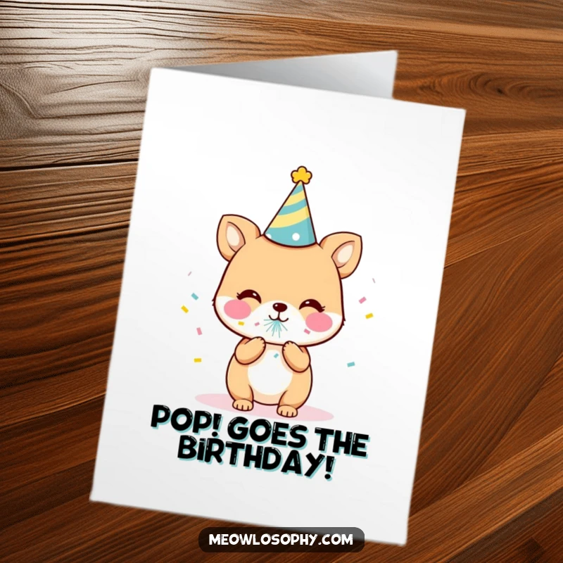 Funny free printable birthday card featuring a cute animal in a tiny party hat, joyfully blowing a confetti popper.