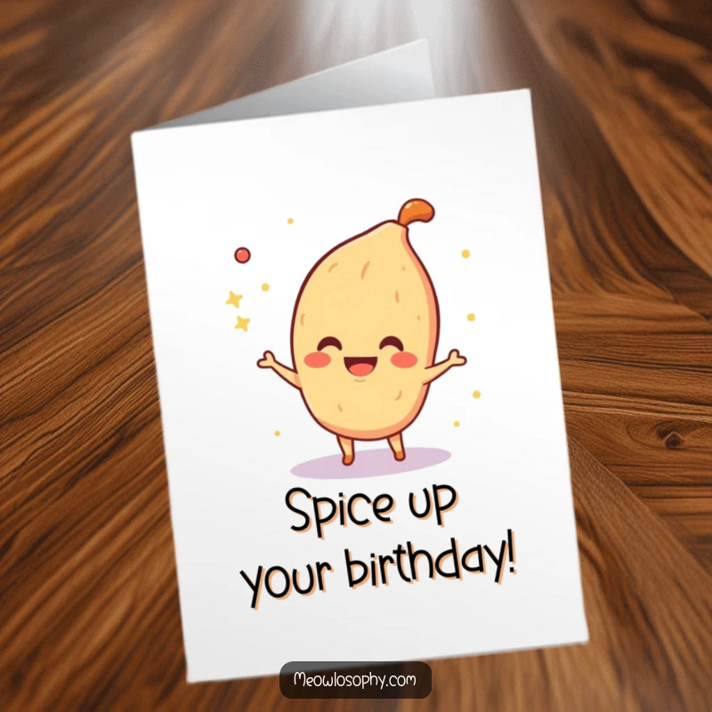 Funny Free Printable Birthday Card featuring a smiling fajita spice character playfully sprinkling shimmering sparkles in the air, ready to party.