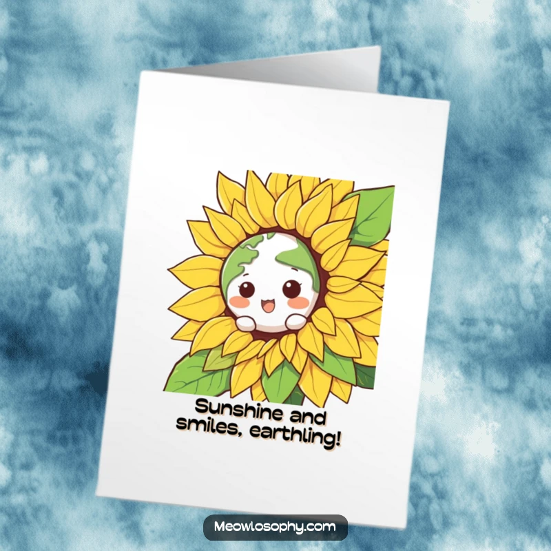 Funny Free Printable Birthday Card: Kawaii earth character pops out of a huge smiling sunflower, wishing a happy birthday. Adorable and hilarious.