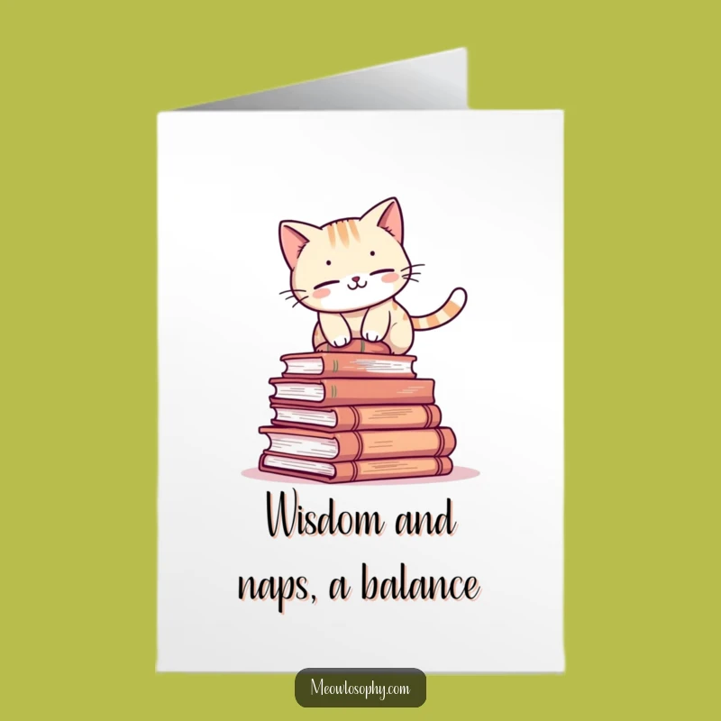 Free Printable Book Cat Birthday Card: Balancing Kitty Wisdom Downloadable
