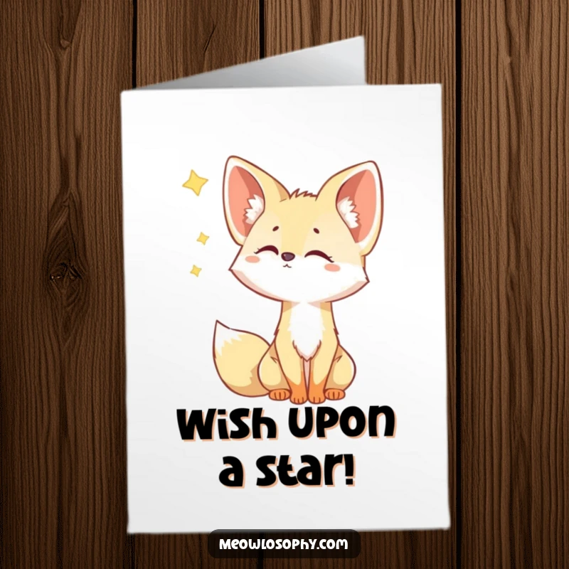 Funny Free Printable Fennec Fox Birthday Card: Curious fox watching a falling star with wonder. Magical downloadable gift.