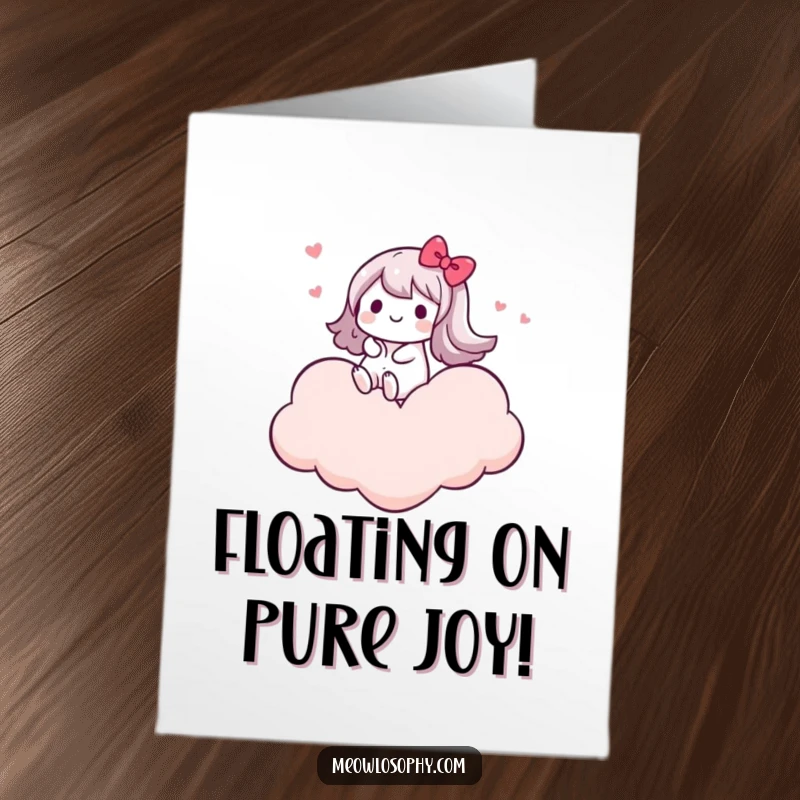Funny Free Printable Congratulations Card: a kawaii character happily riding a heart-shaped cloud, symbolizing joy and achievement.