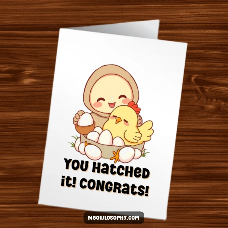 Funny Free Printable Congrats Card: Character gleefully collecting eggs from a sleepy chicken, celebrating success with downloadable humor.