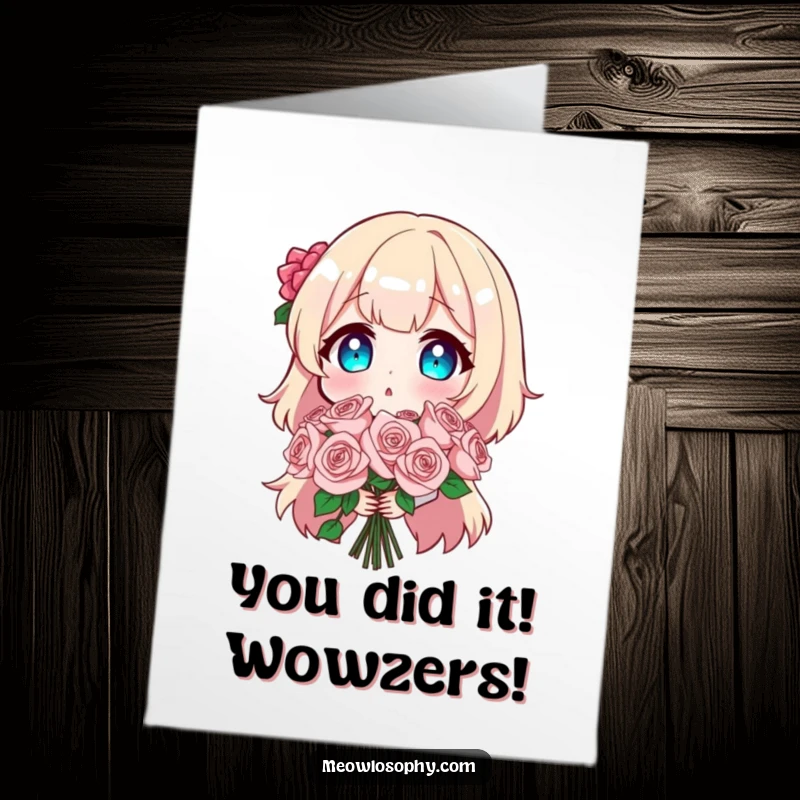 Funny Free Printable Congratulations Card: Character looks shocked holding a bouquet of shiny roses, celebrating success.