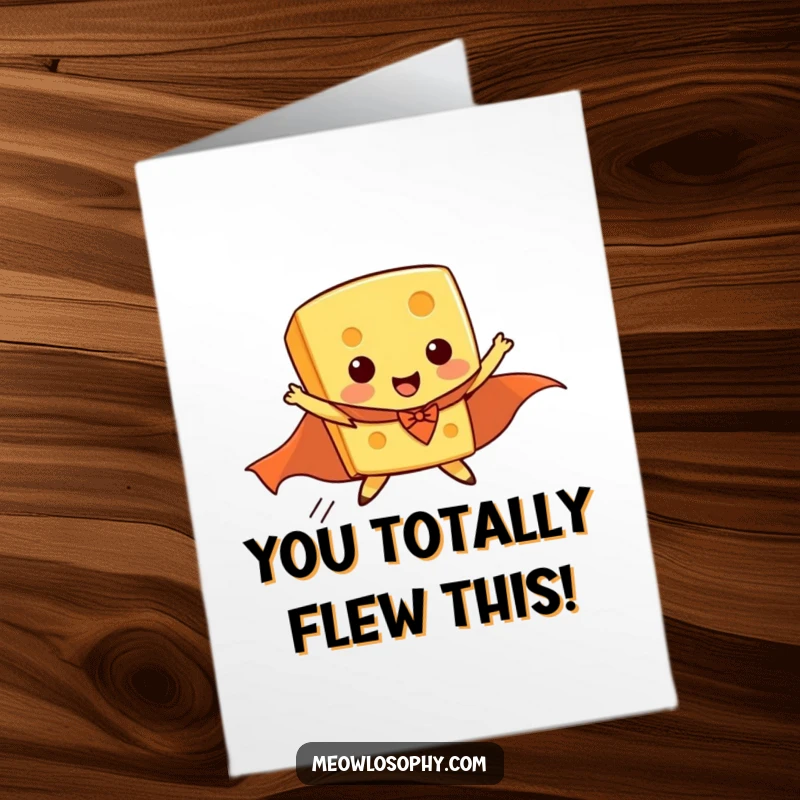 Funny Free Printable Congratulations Card: A superhero cheese cape fails to lift off, a humorous win.
