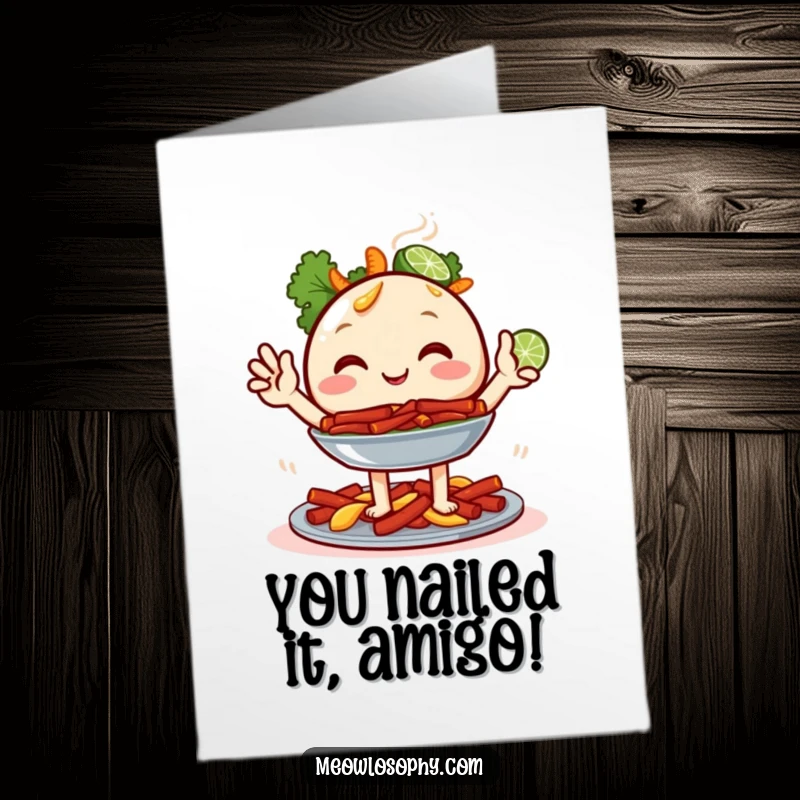 Funny Free Printable Congrats Card: Joyful fajita platter character with lime wedges celebrating success with a lively fiesta.