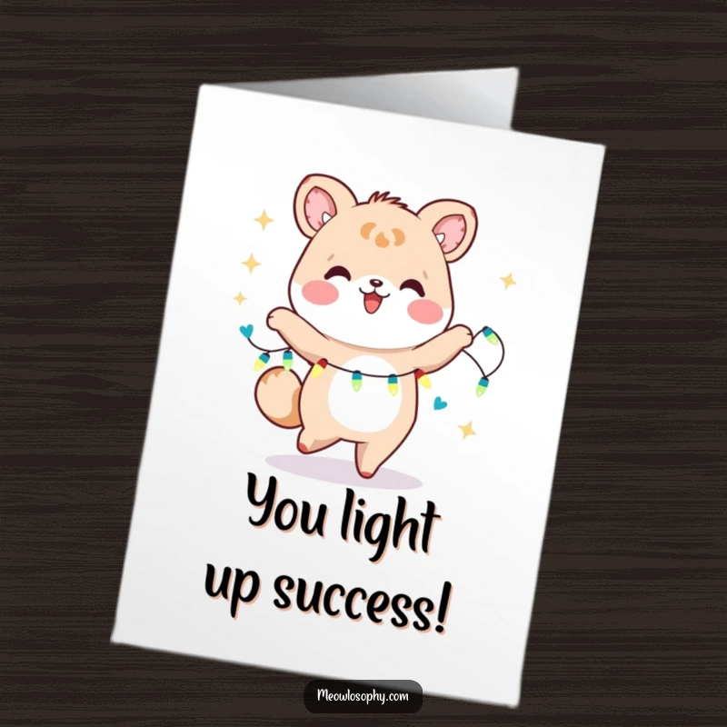 Funny free printable congratulations card with a kawaii animal dancing happily, illuminated by magical fairy lights.