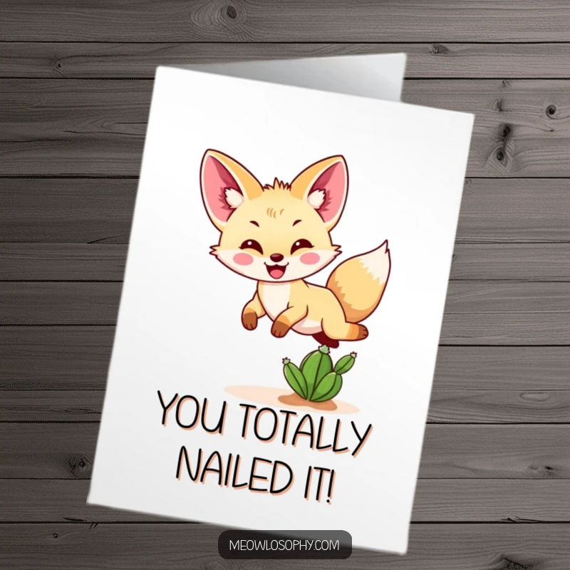 Funny Free Printable Fennec Fox Congratulations Card: A happy fox leaps over a miniature cactus, celebrating success with a bounce.