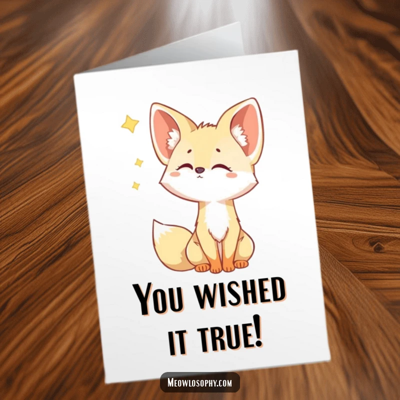 Funny Free Printable Fennec Fox Congrats Card: Cute fox tilting its head, watching a falling star. Dreamy downloadable art.