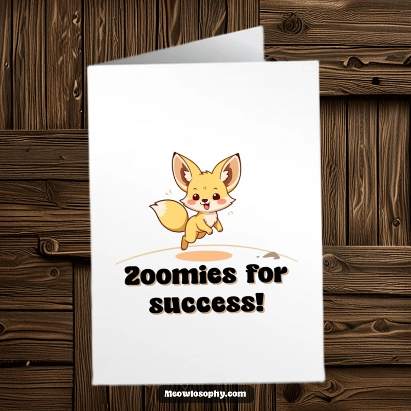 Funny Free Printable Fennec Fox Congrats Card: Cute fox doing a joyful zoomie across the sand. Dynamic downloadable art.