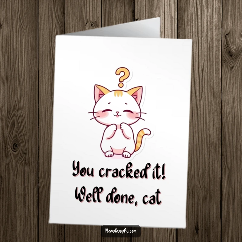 Funny Free Printable Kawaii Cat Congratulations Card: A kawaii cat playfully questions everything with a dangling philosophical mark.