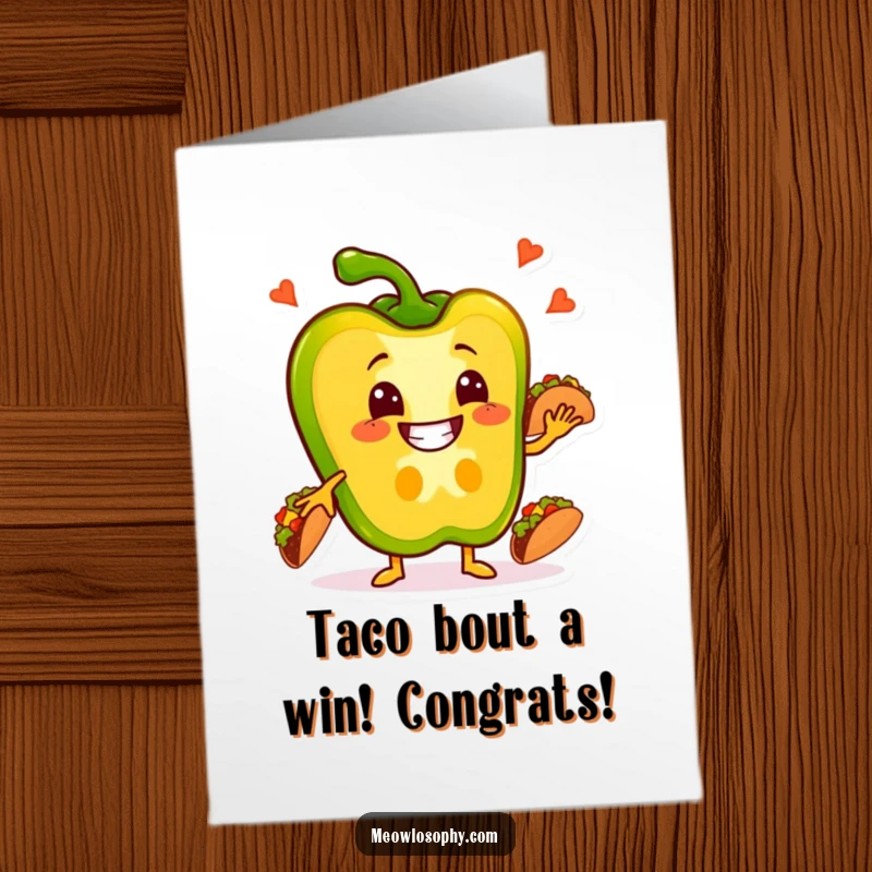 Funny Free Printable Congratulations Card: a happy bell pepper juggling multiple small tacos.