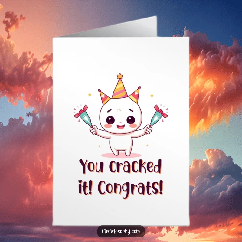 Funny free printable congratulations card with an adorable character expertly juggling sparkling party crackers and smiling.