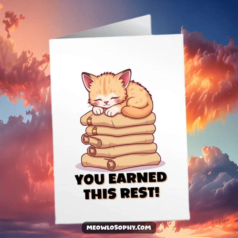 Funny Free Printable Congratulations Card: A cozy kitten naps soundly atop a pile of aged scrolls, embodying quiet wisdom.