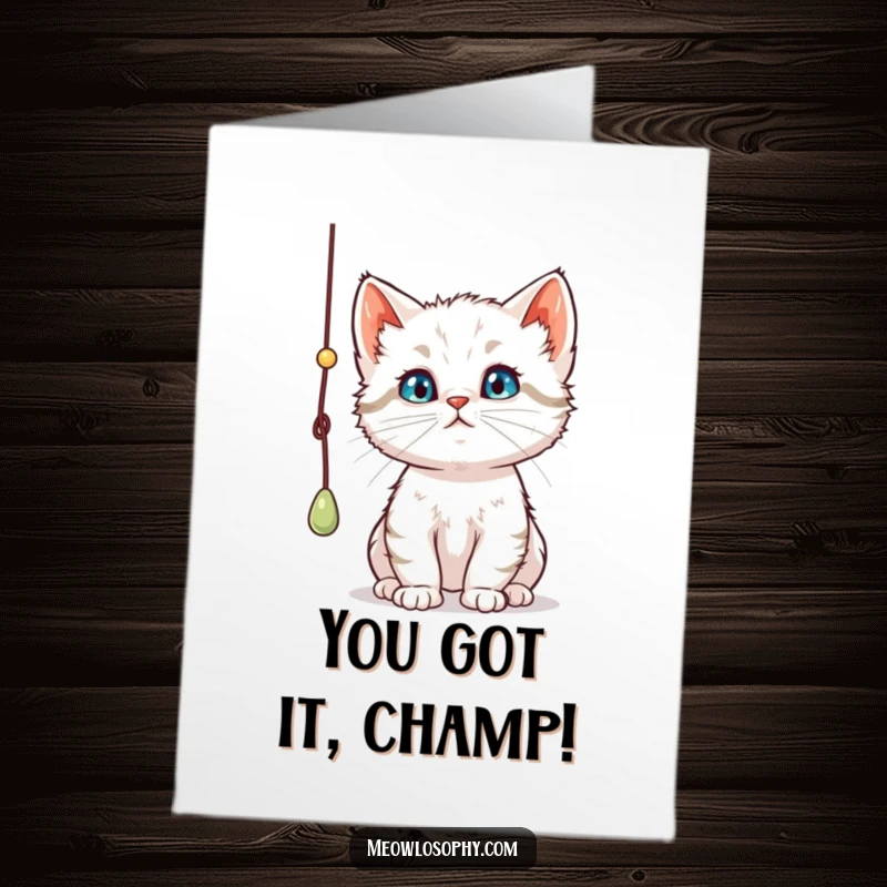 Funny Free Printable Congratulations Card: A curious kitten pauses its play to thoughtfully consider a dangling string, perfect for any celebration.