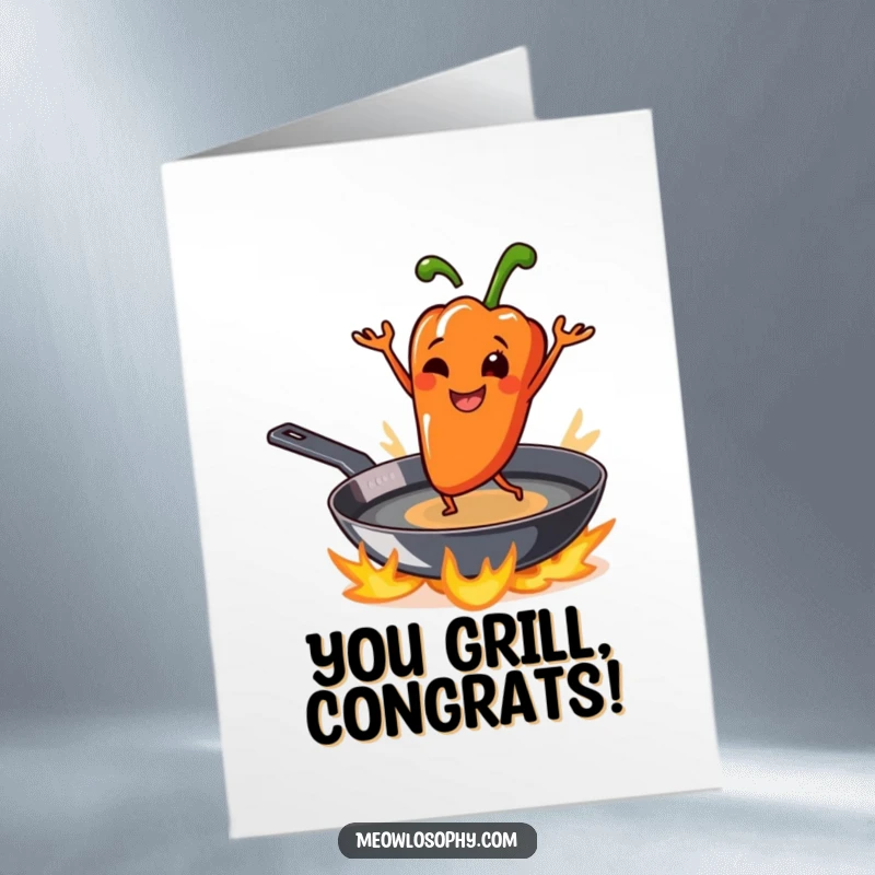 Funny Free Printable Congratulations Card: A smiling grilled pepper character playfully dancing on a hot sizzling skillet, celebrating achievement with downloadable flair.