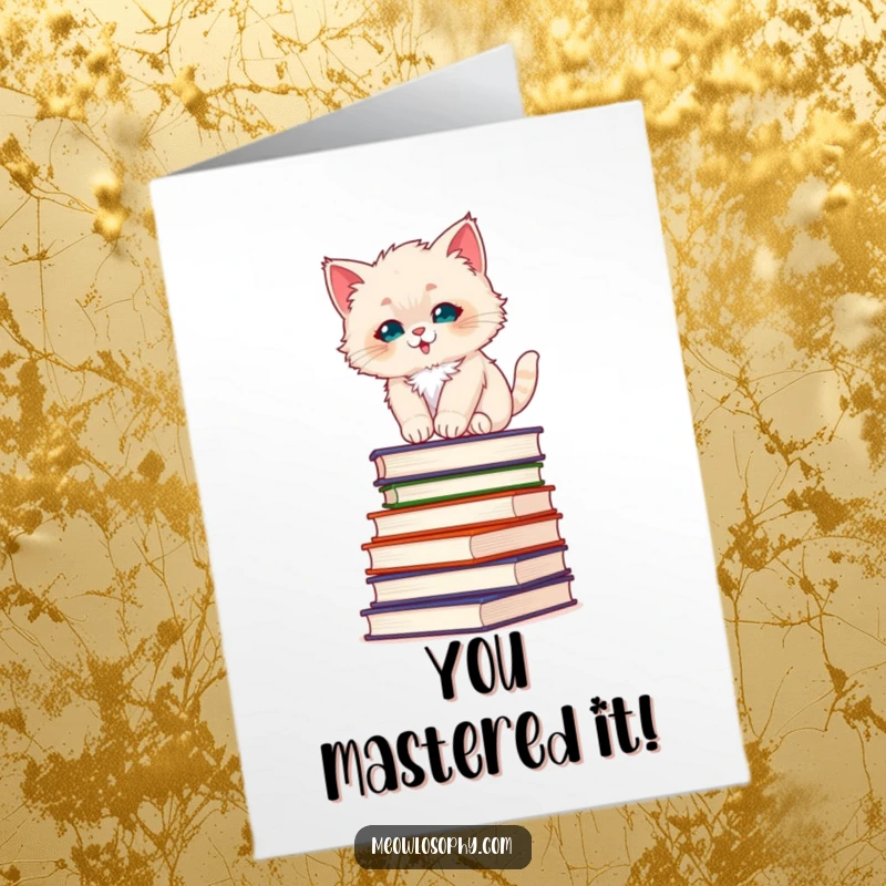 Funny Free Printable Congratulations Card: A fluffy kitten precariously balances on a stack of philosophy books, an unlikely scholar.