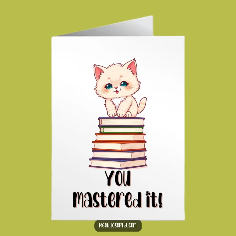 Free Printable Congrats Card: Fluffy Kitten, Book Balance, Downloadable DIY Gift