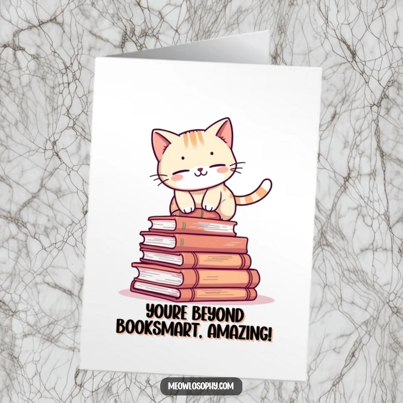 Funny Free Printable Book Cat Congratulations Card: A cat attempts to balance precariously on a tall stack of ancient books.