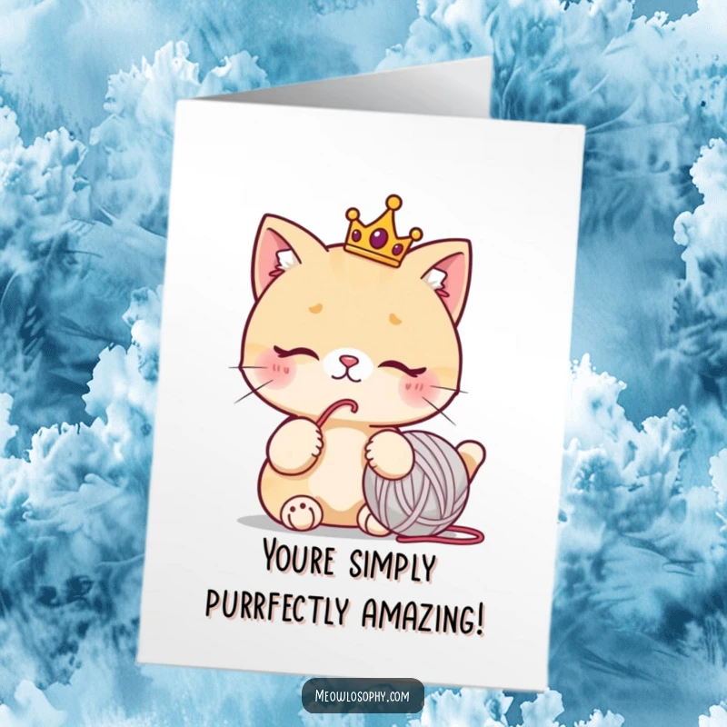 Funny Free Printable Royal Cat Congratulations Card: A crowned cat looks thoughtfully at a yarn ball, celebrating a grand success.