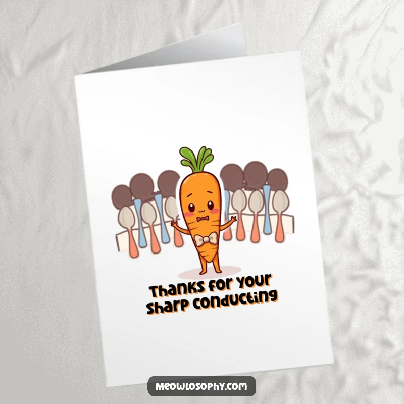 Funny Free Printable Thank You Card: Shy carrot conductor leading a spoon orchestra, expressing gratitude with musical flair.