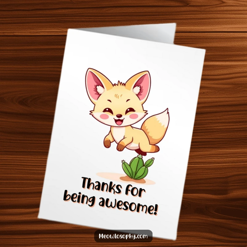 Funny Free Printable Fennec Fox Thank You Card: A happy Fennec fox mid-leap over a tiny cactus, showing thanks with a bounce.
