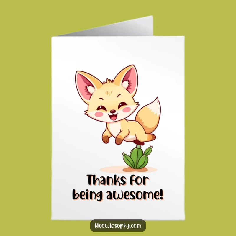 Free Printable Fennec Fox Thank You Card: Funny Bounce Cactus Downloadable Gratitude Gift