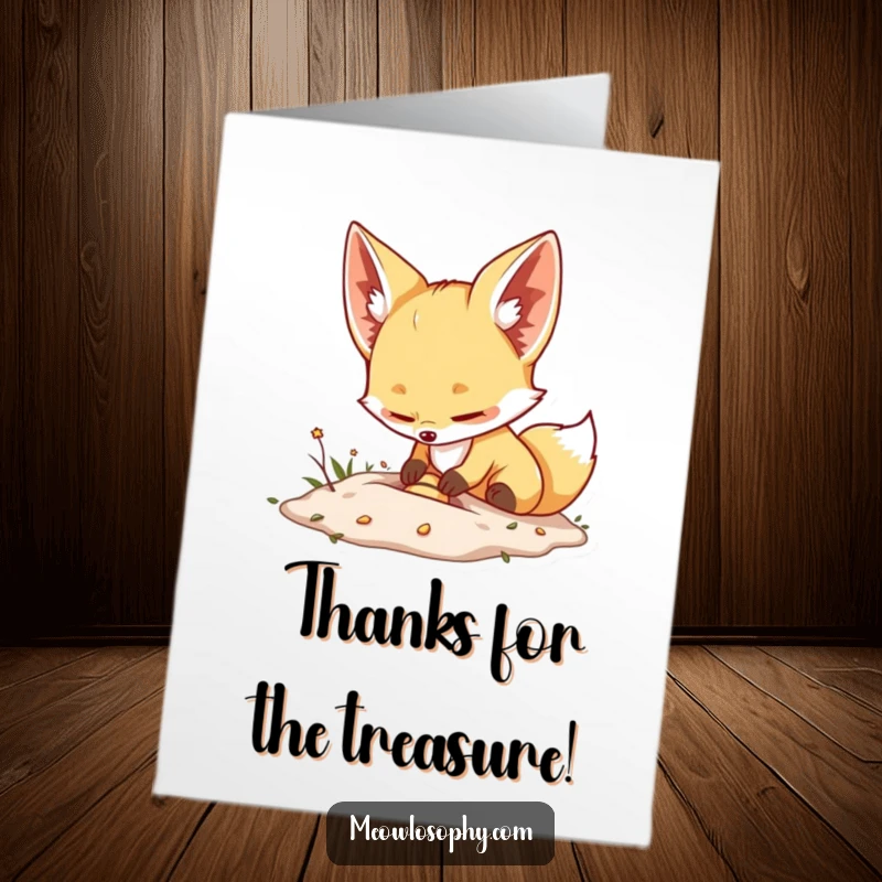 Funny Free Printable Fennec Fox Thank You Card: Cute fox burying a tiny treasure excitedly. Perfect for DIY downloadable art.