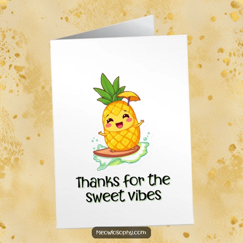 Funny Free Printable Thank You Card: A pineapple wearing an umbrella surfs a lemonade wave, conveying thanks with zest.