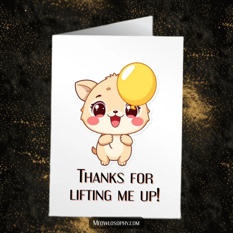 Funny free printable thank you card featuring an excited animal holding a bright, cheerful balloon with wide eyes.