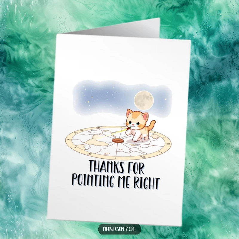 Funny Free Printable Thank You Card: A kitten gleefully chases a laser dot across a starry celestial map, a fun way to say thanks.